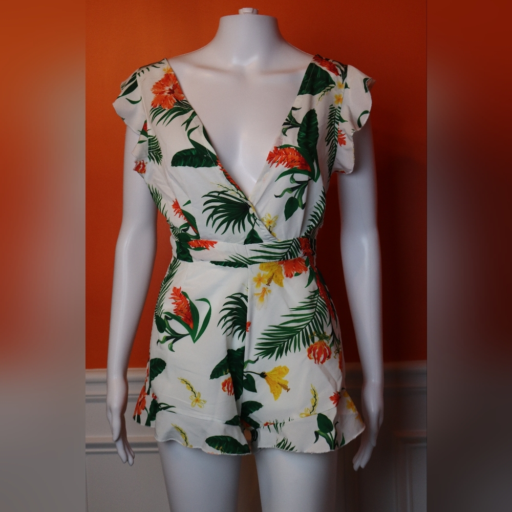 PrettyLittleThing Floral Print Romper - White, Green, Orange